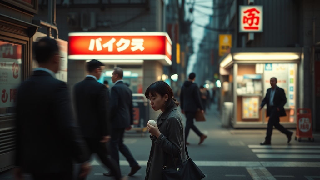A woman standing quietly near a Japanese convenience store at 7 AM while businessmen hurry past.