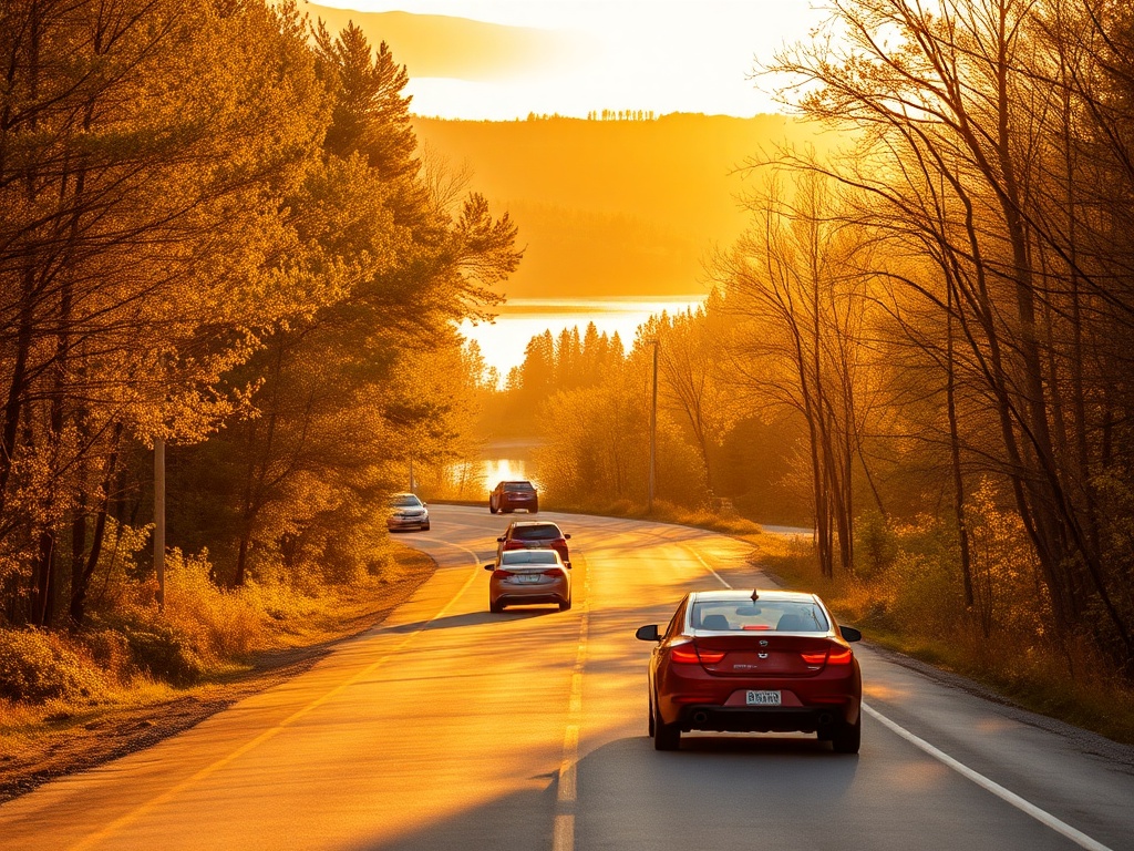 cars driving along Ottawa River scenic road near Dunrobin with golden morning light