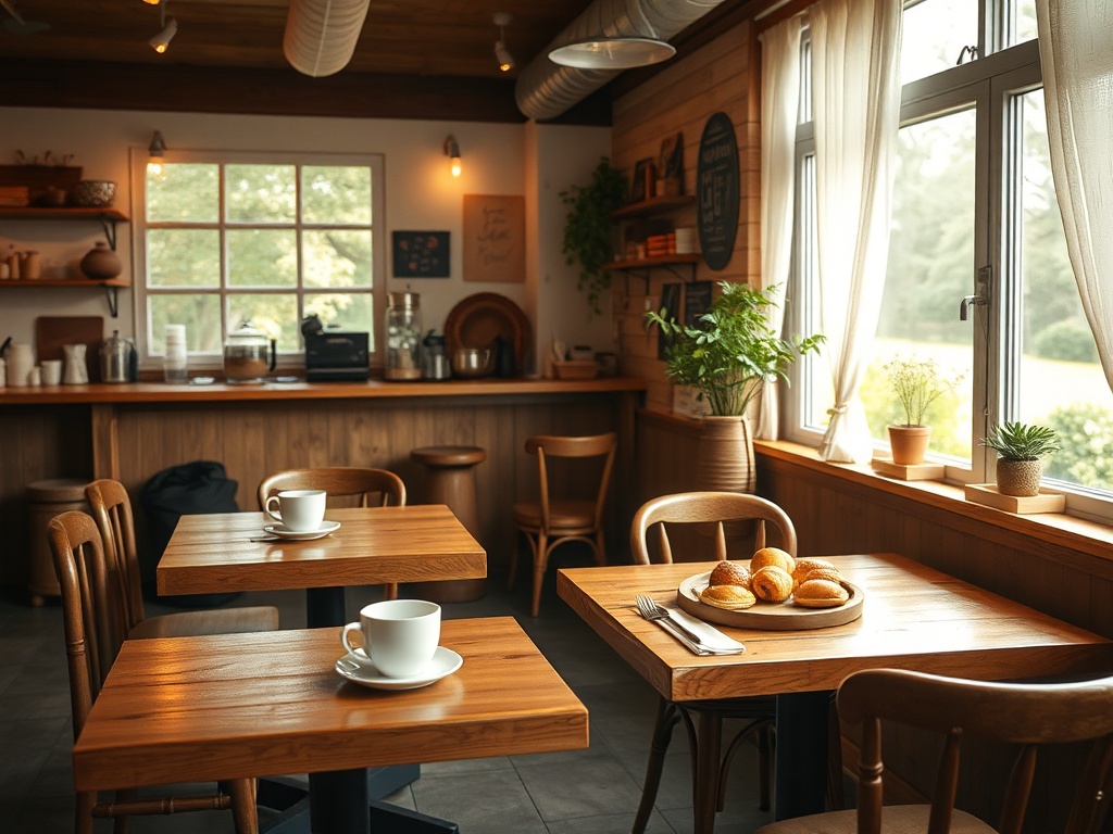 cozy rural cafe interior with wooden tables coffee pastries warm lighting