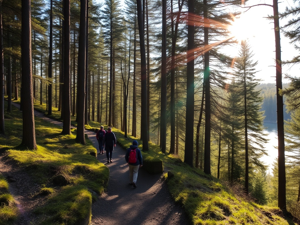 people hiking forest trail near Ottawa river with sunlight filtering through trees