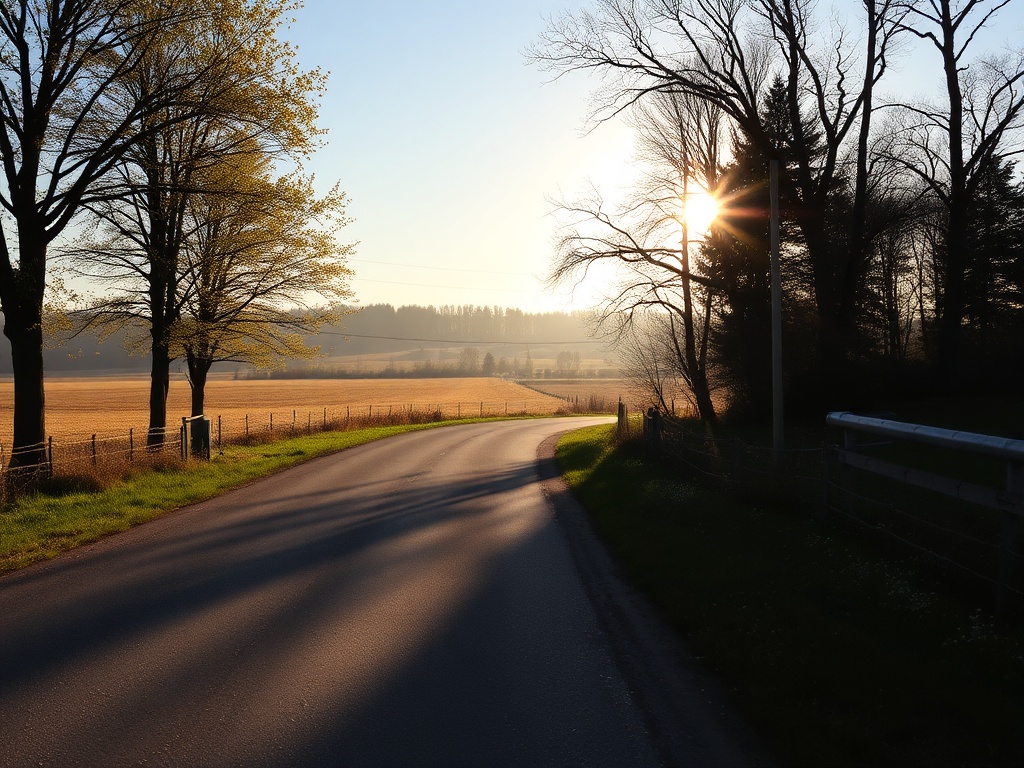 quiet rural road in Dunrobin Ontario with morning sunlight, farmland and trees, peaceful atmosphere