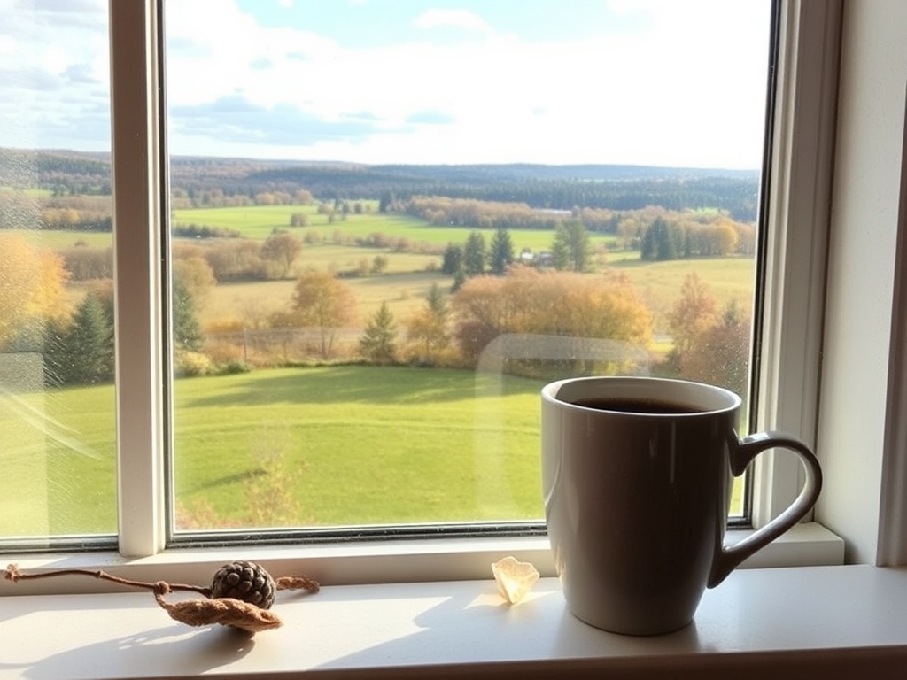 quiet Sunday morning coffee by window countryside view Ontario relaxed atmosphere