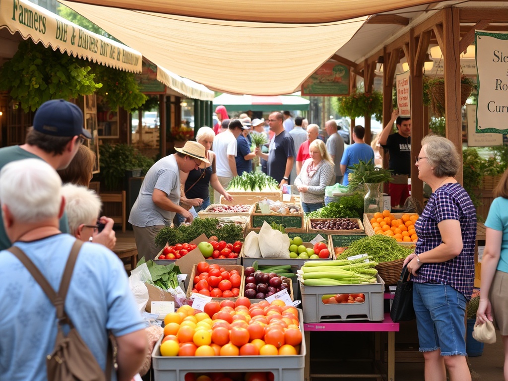 A bustling farmers' market with locals shopping for fresh produce and homemade goods.