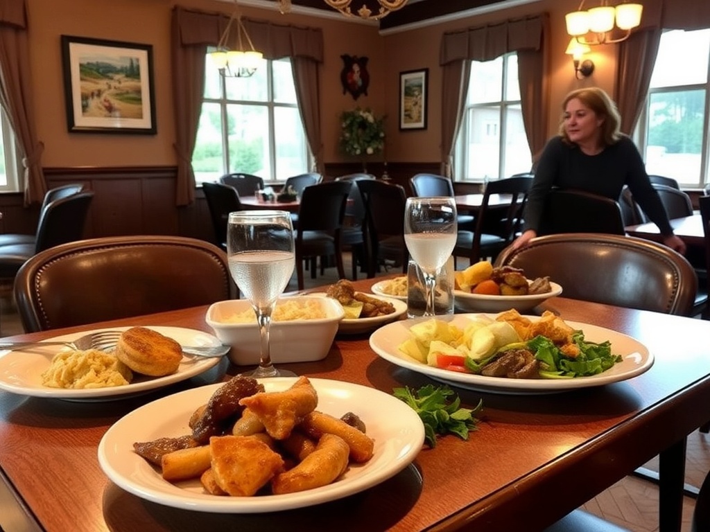 A cozy restaurant setting in East Gwillimbury with plates of food on the table.