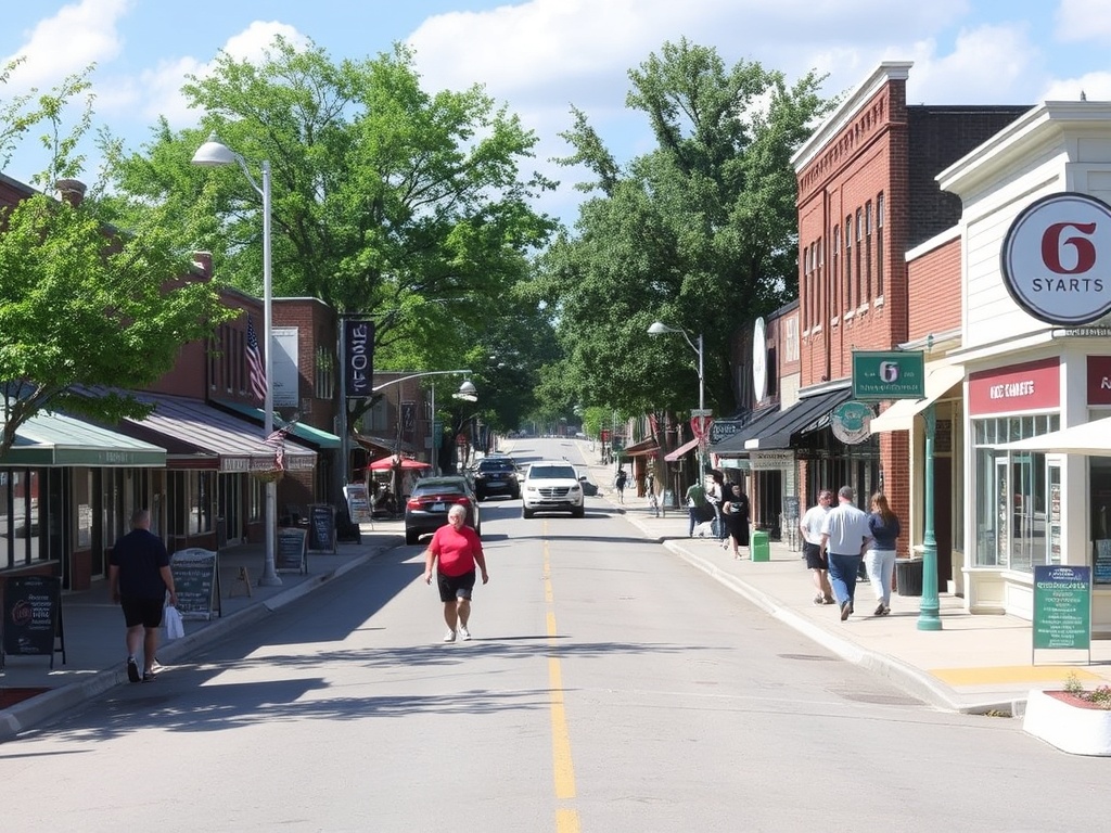 A wide street in East Gwillimbury with local shops and people walking around on a sunny day.