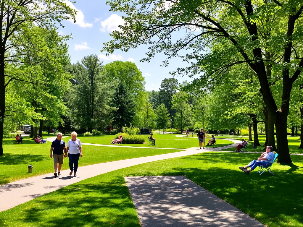Gwillimbury Park with people walking on trails and relaxing in green spaces.