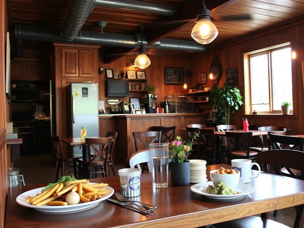 A cozy cafe in East Gwillimbury with warm wooden interiors, delicious food on the table, and a welcoming ambiance.
