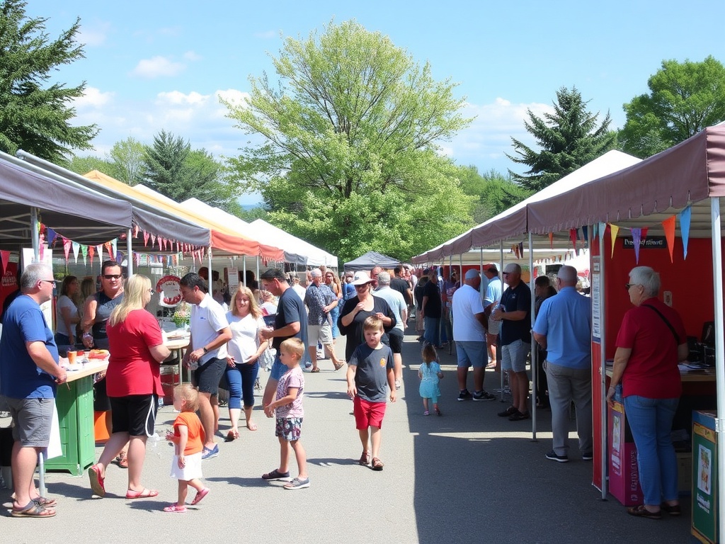 A lively outdoor festival in East Gwillimbury with booths, live music, and families enjoying the day.