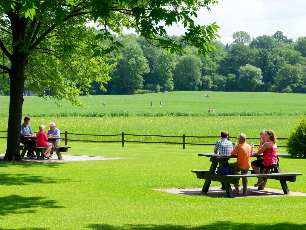 A peaceful park in East Gwillimbury with families enjoying the outdoors, picnic tables, and green meadows.