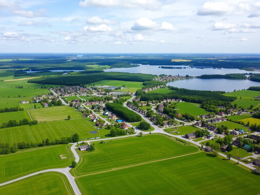 A scenic view of East Gwillimbury with lush green fields, tranquil lakes, and small-town architecture.
