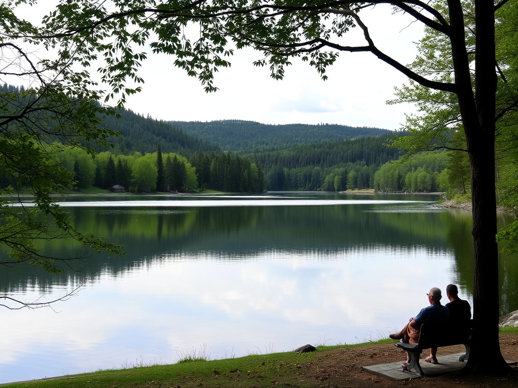 A serene lake in East Gwillimbury surrounded by trees and hills, with a couple sitting on a bench enjoying the view.