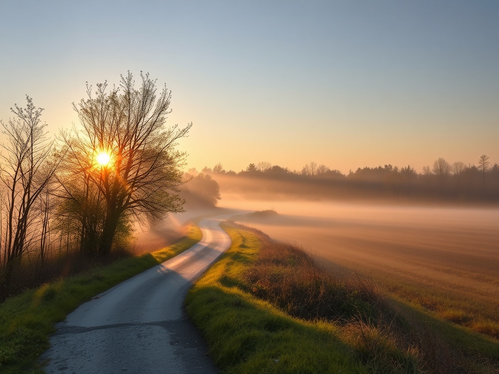 early morning sunrise over East Gwillimbury suburban trails with soft mist and quiet Ontario atmosphere