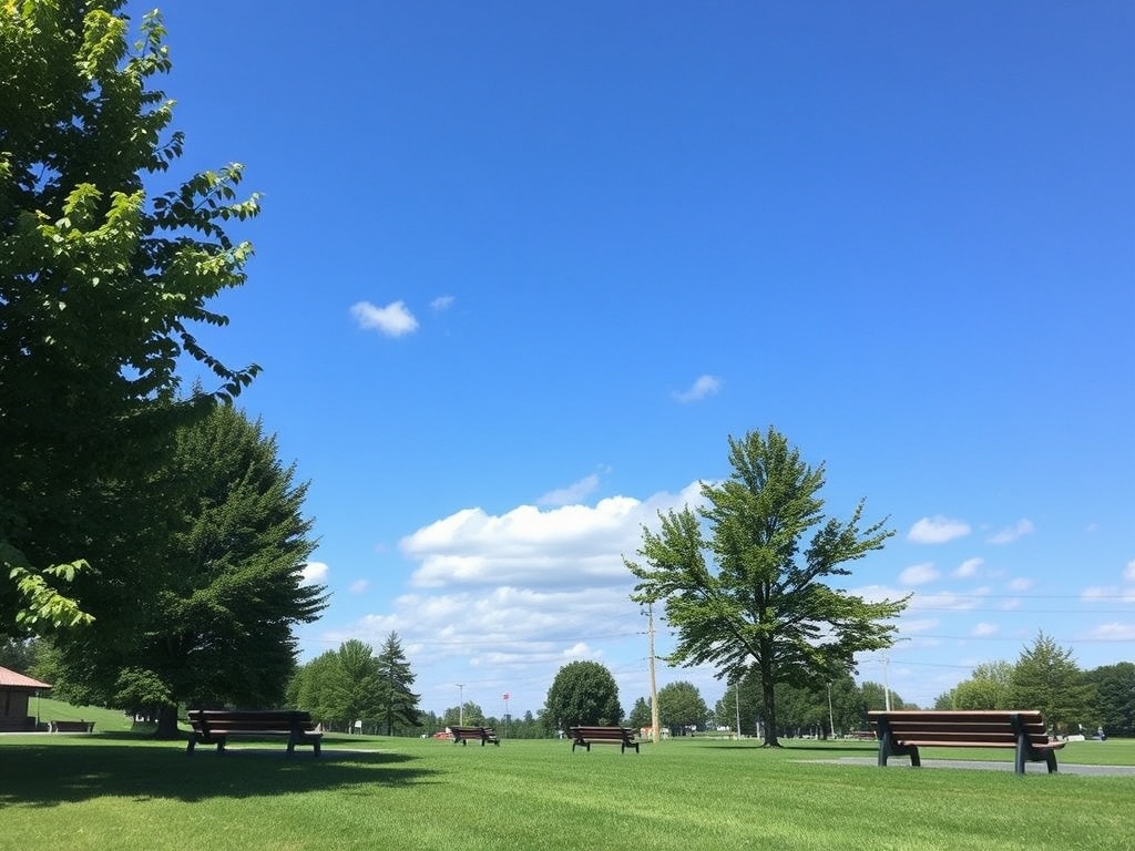 open green park in East Gwillimbury with benches, blue sky, and relaxed weekend atmosphere