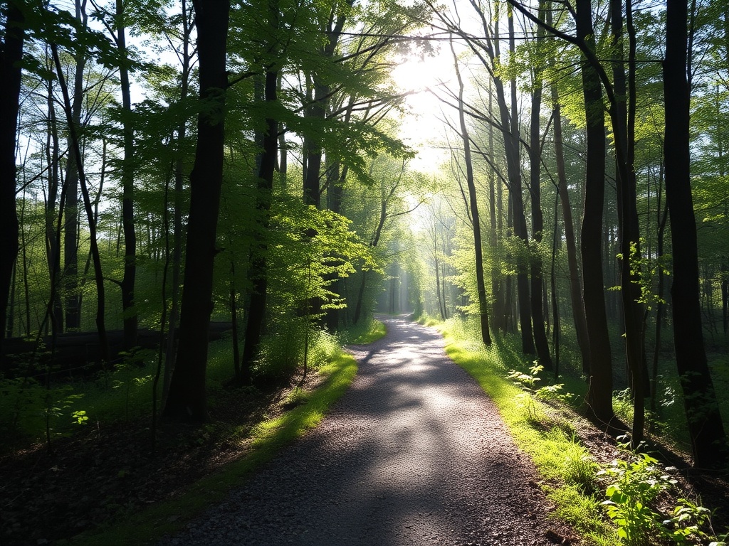 quiet wooded trail in East Gwillimbury with sunlight through trees and peaceful morning setting