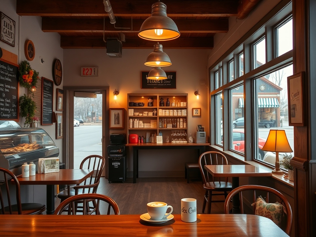 small town Ontario cafe with warm lighting, pastries, coffee, and relaxed seating