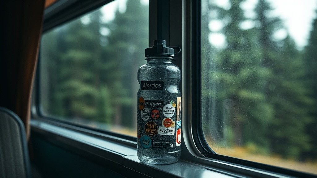 A battered 32oz Nalgene water bottle covered in stickers resting on the window sill of an Amtrak sleeper car. Outside the window, a blur of a Pacific Northwest pine forest.