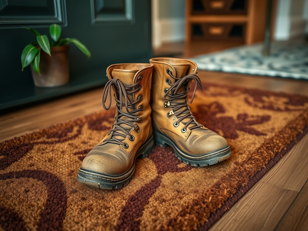 Close-up of hiking boots left at the front door to avoid tracking pollen inside