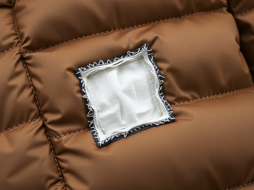 A close up of a patched rip on a synthetic down jacket