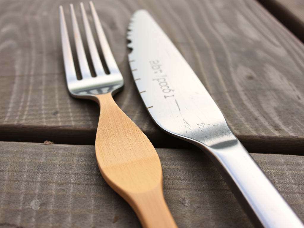 A close-up of a broken 'biodegradable' fork next to a stainless steel one on a wooden picnic table