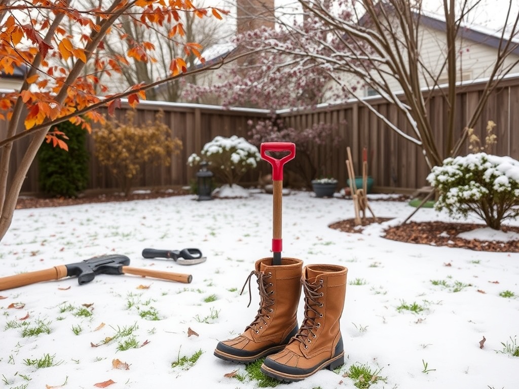 changing seasons Ontario yard with tools, boots and light snowfall transitioning to early spring