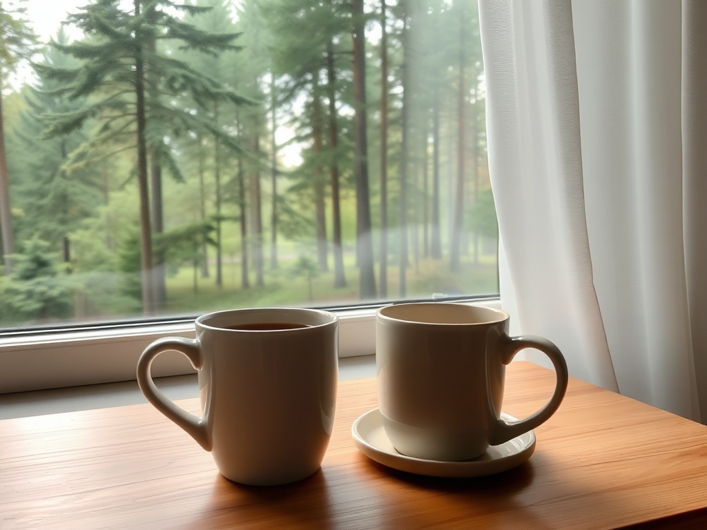 cozy weekend scene with coffee mug, window view of forest, relaxed indoor atmosphere