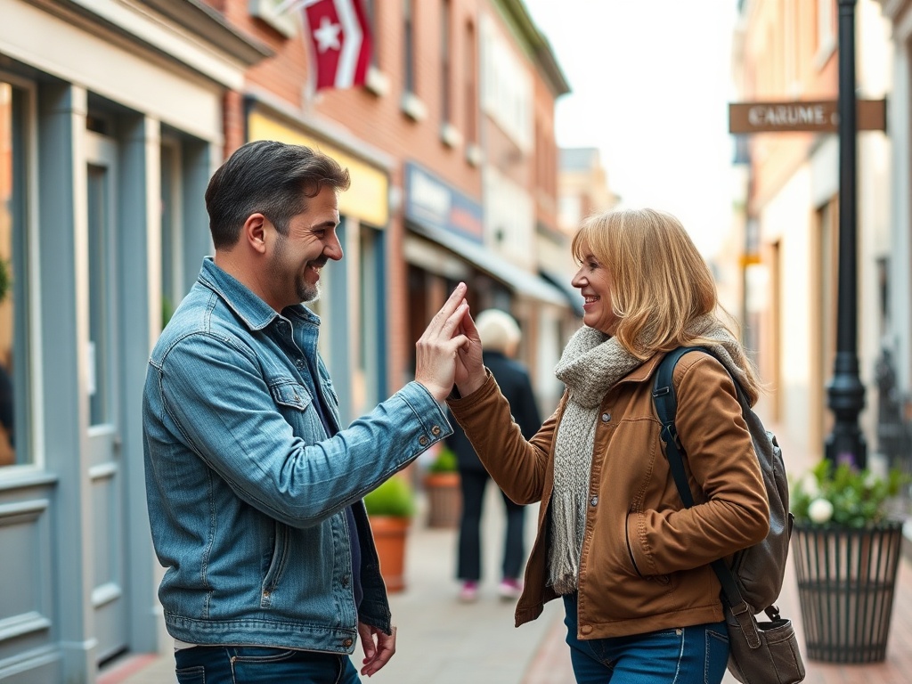 friendly small town street moment, two people nodding in recognition, casual interaction