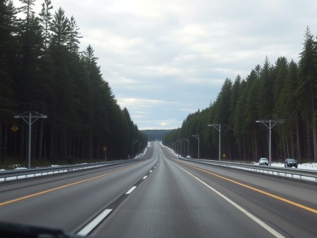 highway drive through northern Ontario forest, long road with trees and open sky, calm travel mood