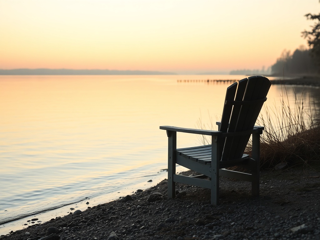 quiet Ontario lake shoreline with simple chair, calm water and soft reflections, early morning atmosphere