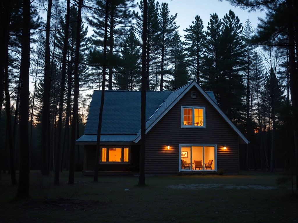 simple northern Ontario home surrounded by trees, warm light from windows at dusk, calm lifestyle