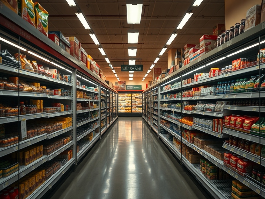 small town grocery store aisle calm and nearly empty, warm lighting, Canadian setting