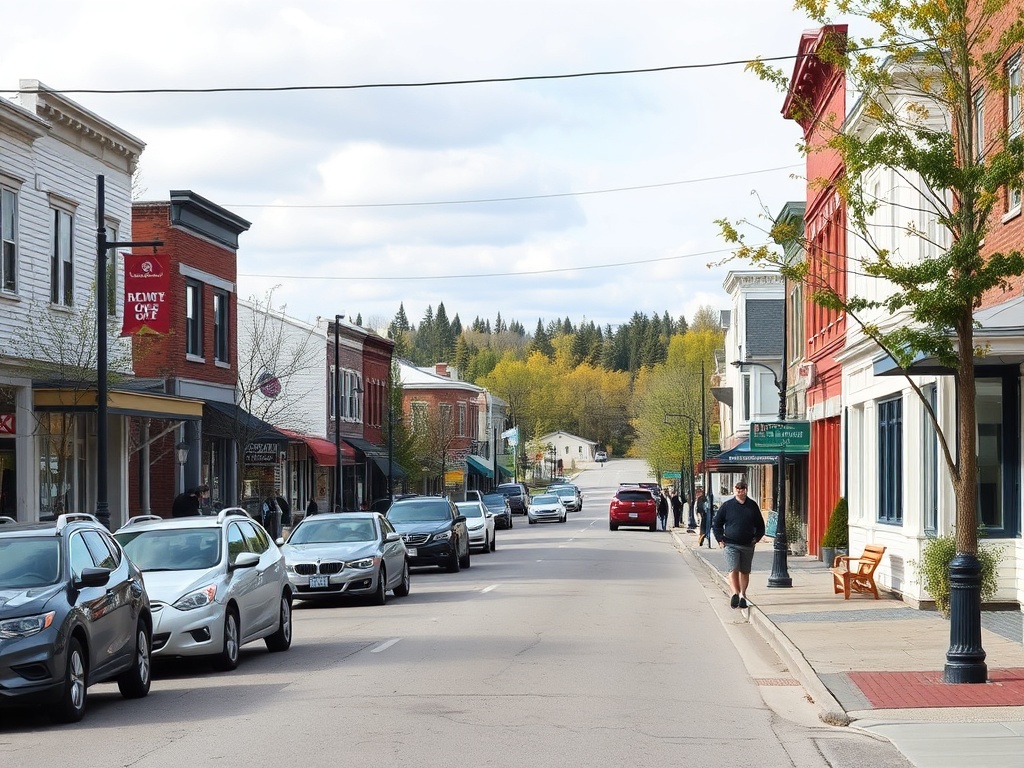 small town street with minimal traffic, relaxed pace, people walking casually in northern Ontario