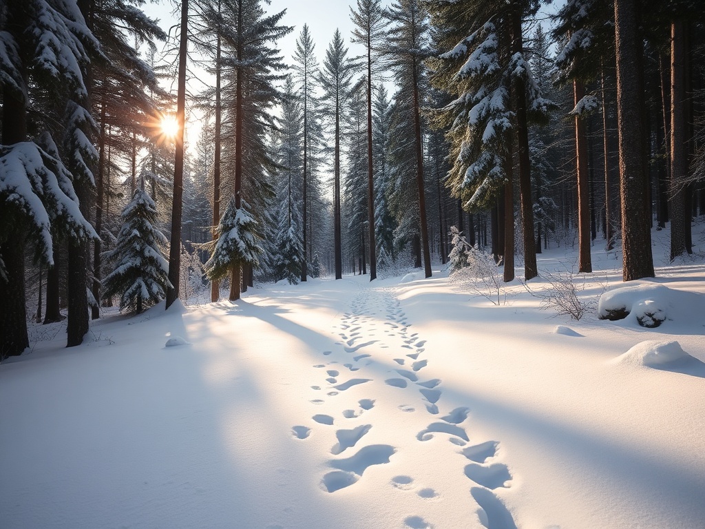 snowy forest trail in northern Ontario with pine trees and soft morning light, footprints in fresh snow