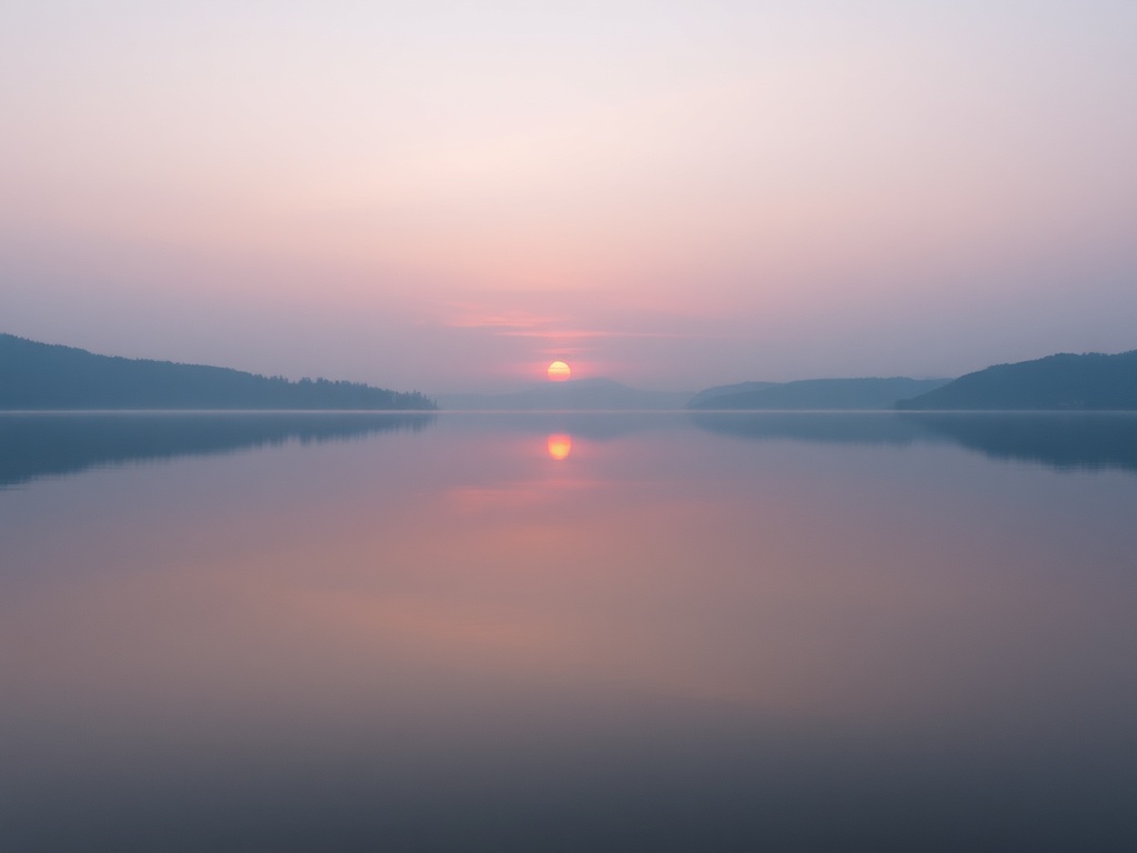 still lake at sunset with no people, mirror-like water and soft sky colors, peaceful silence