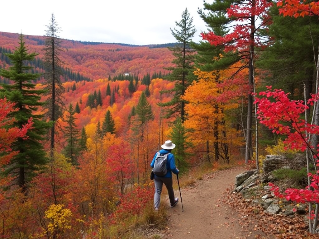 Hiker on Quirke Lake Trail with vibrant forest colors in autumn
