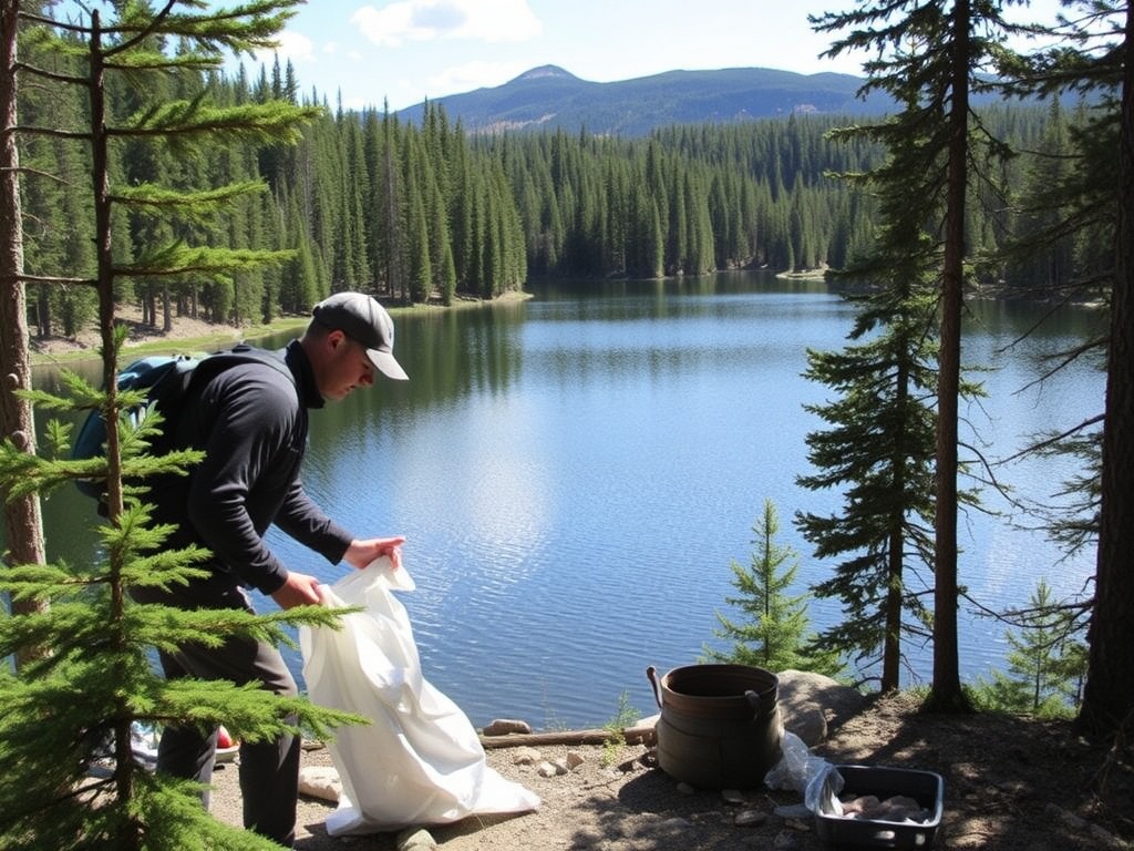 Traveler cleaning up during hike in Elliot Lake