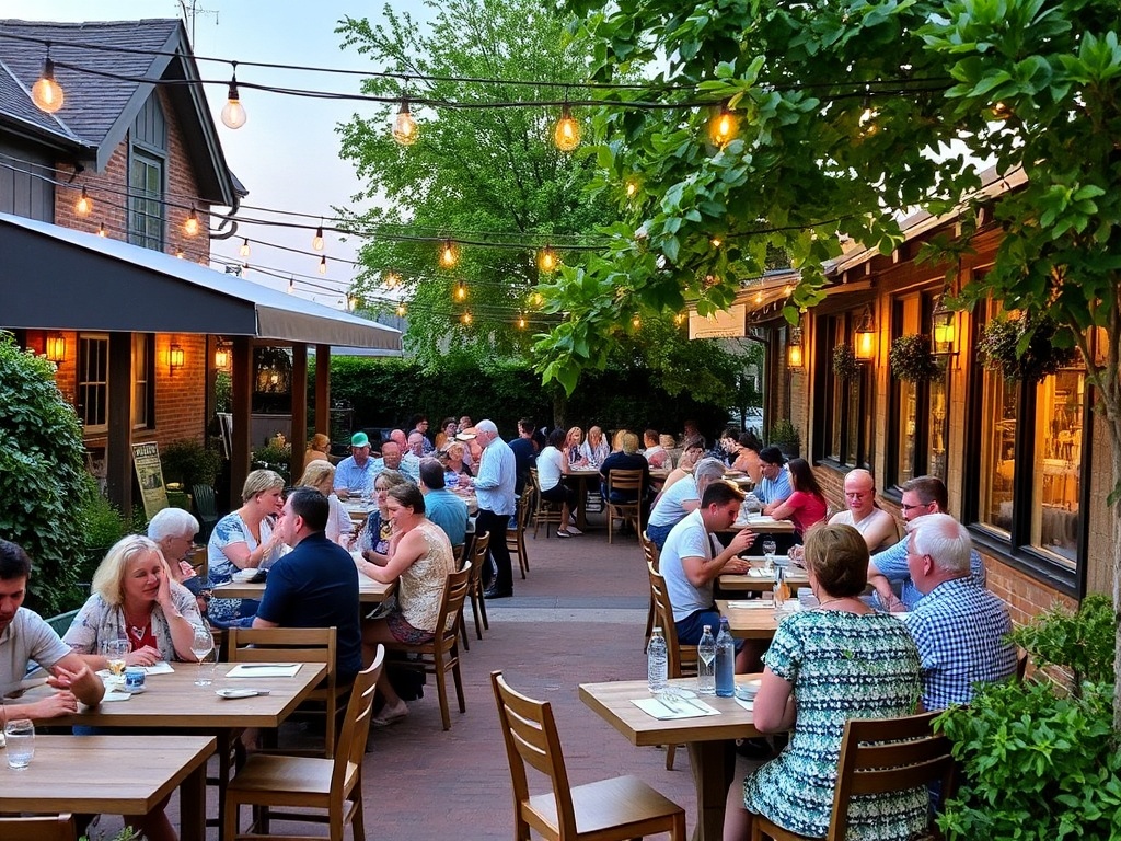 busy summer patio in Elora with people dining outdoors under string lights