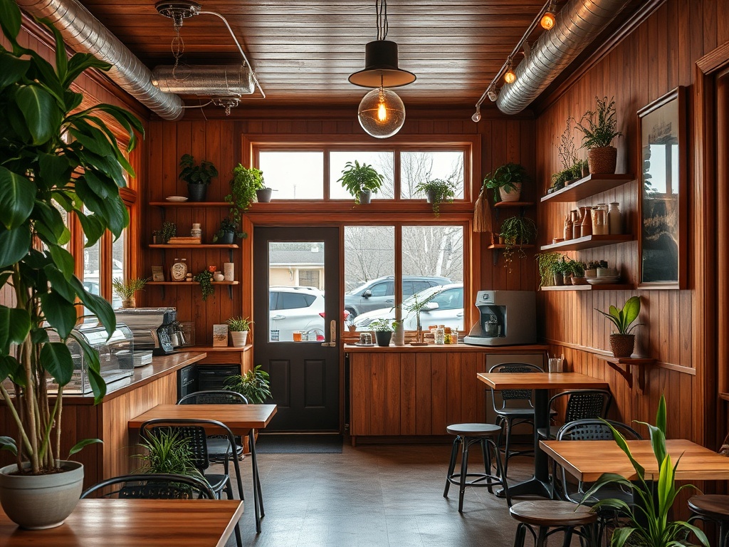 cozy independent coffee shop interior in small Ontario town with warm wood and plants