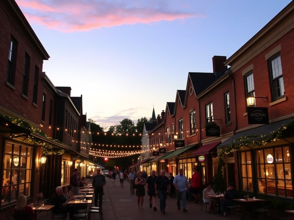 evening street scene in Elora with warm lights, people dining and strolling