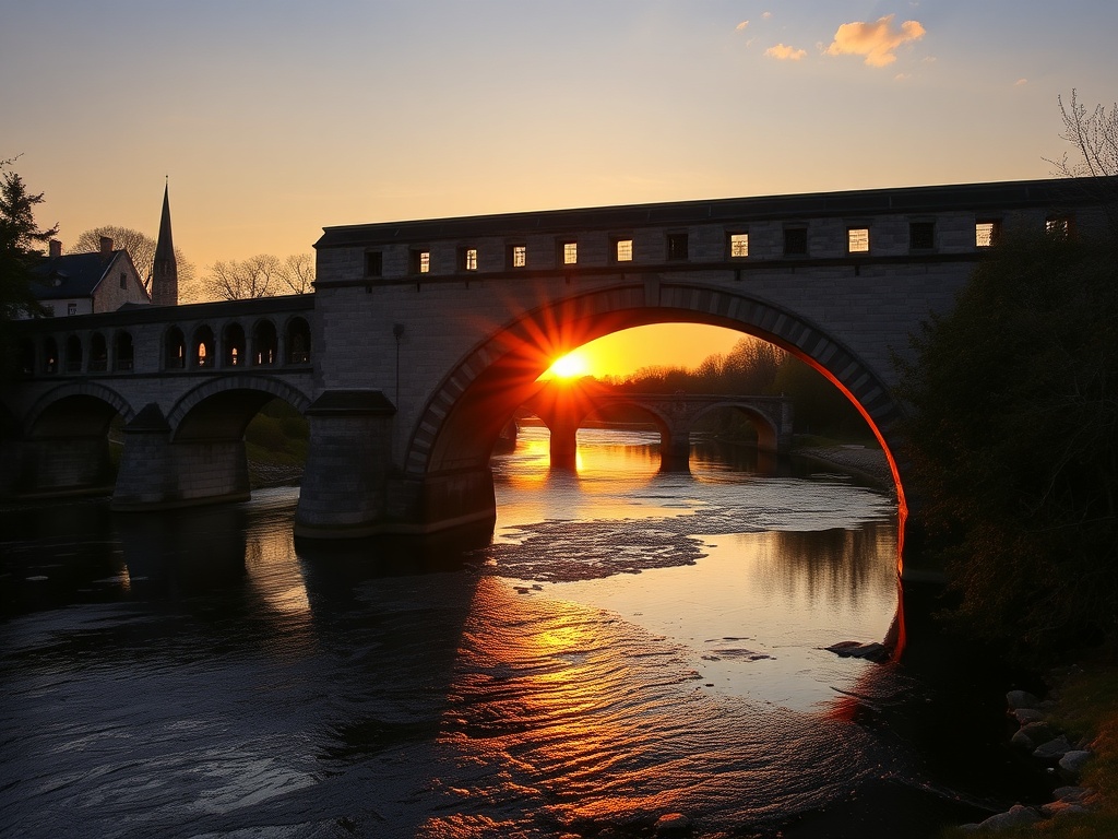 historic stone bridge in Elora at sunset glowing warm light with river below