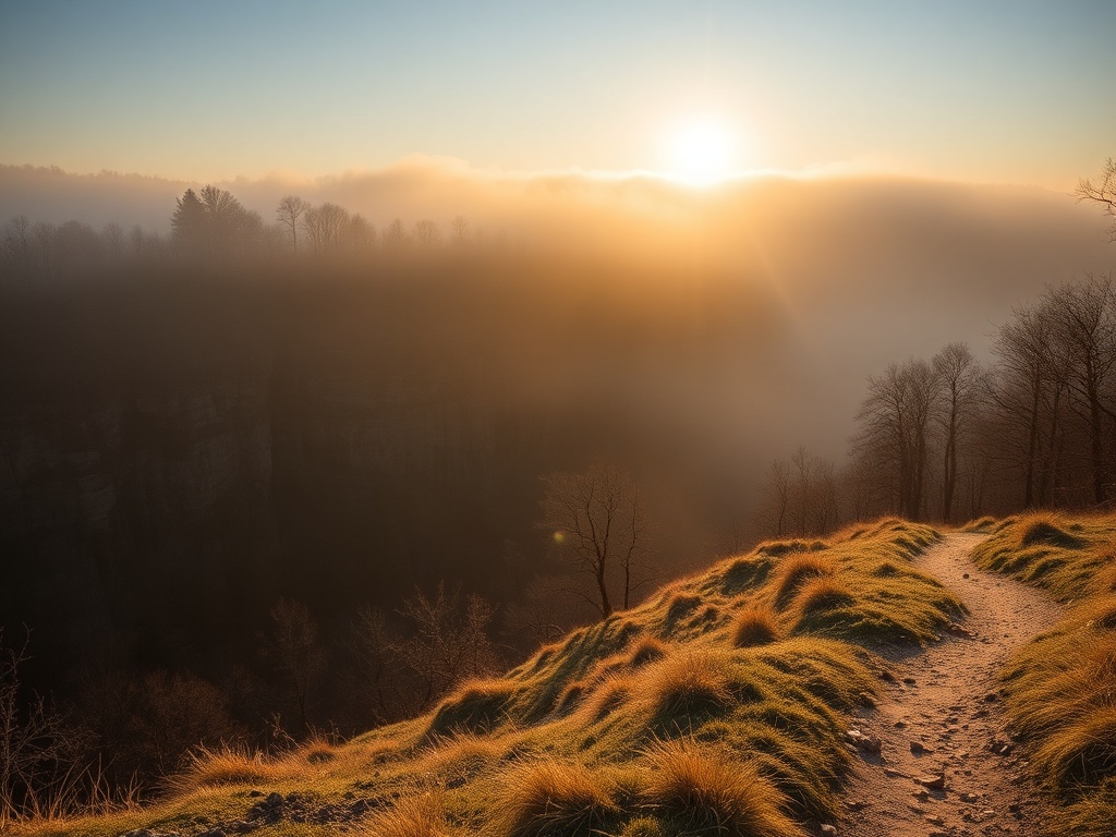 misty sunrise over Elora Gorge cliffs with soft golden light and empty trails