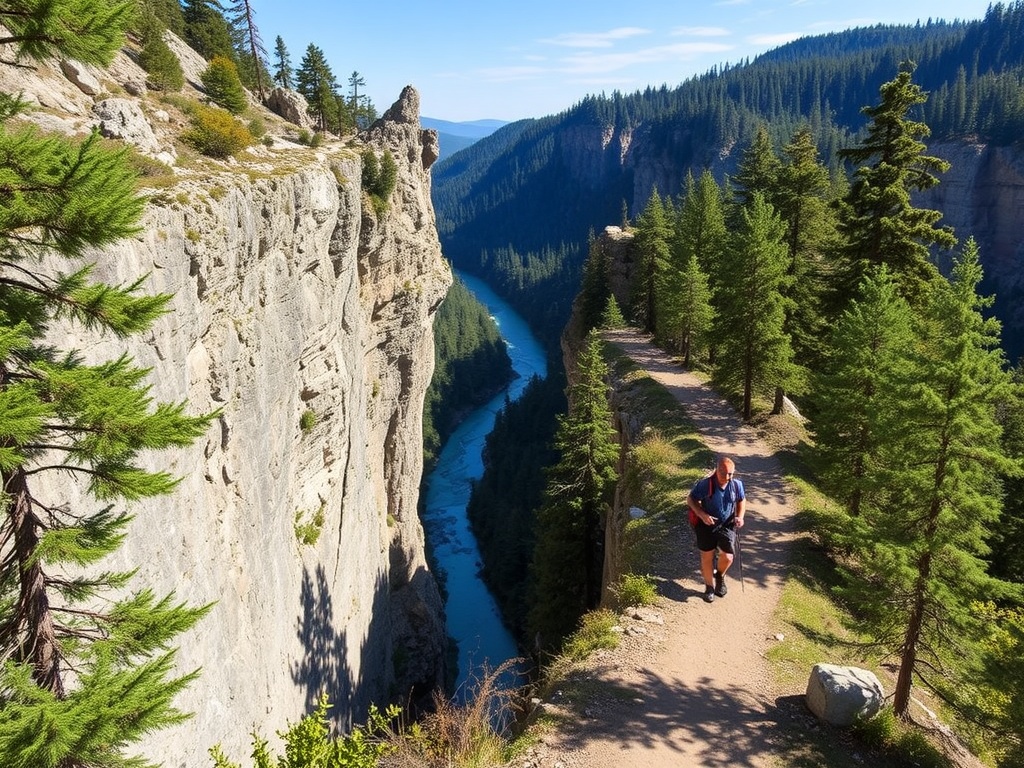 narrow hiking trail along cliffside with river below and trees surrounding