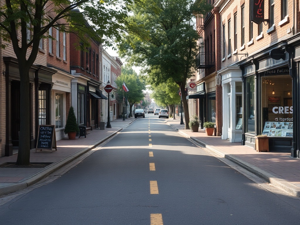 peaceful empty street in Elora during weekday morning with shops open