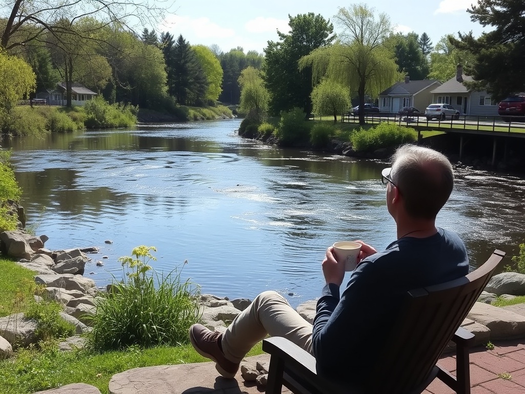 person sitting by river in Elora relaxing with coffee and scenic view