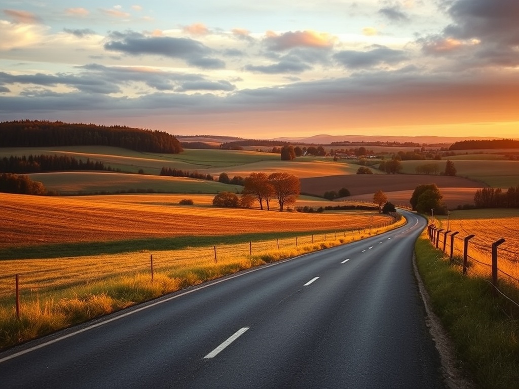quiet countryside road near Elora with rolling hills and farmland at sunset