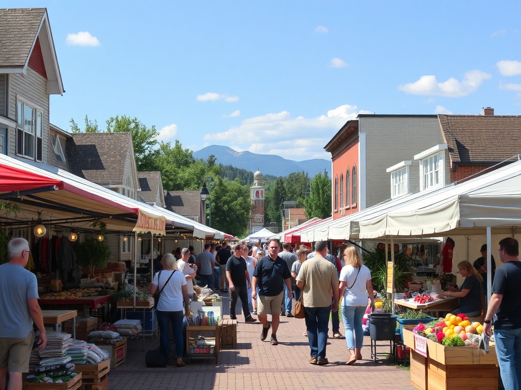small town outdoor market with vendors, live music, and people browsing