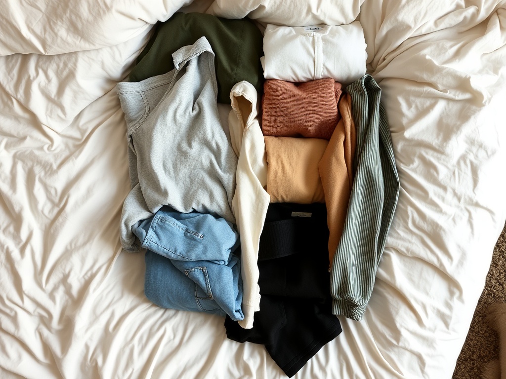 neatly arranged small capsule wardrobe on bed with neutral tones, folded clothes, simple aesthetic