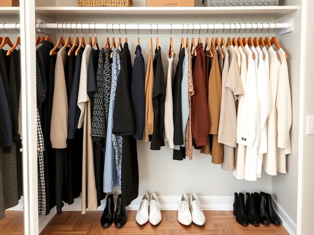 organized closet section with limited curated outfits, clean spacing, neutral palette
