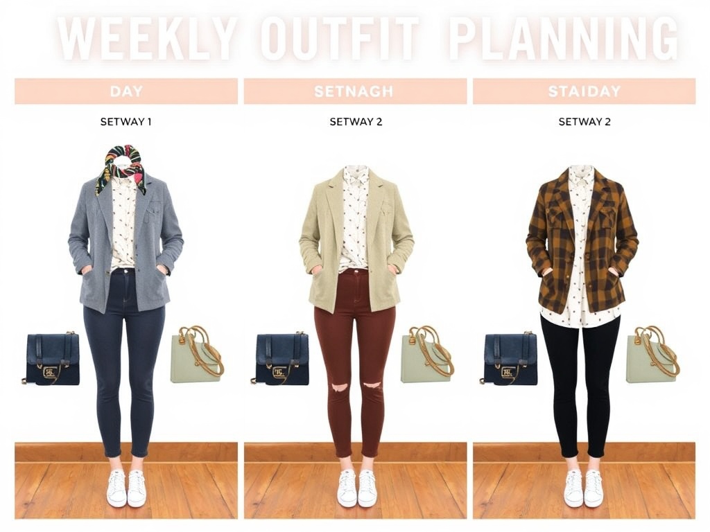 simple weekly outfit planning layout with 3 clothing items repeated, minimal styling