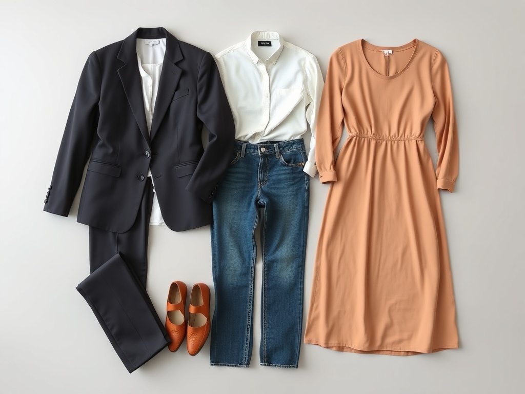 three simple outfit combinations laid out flat with blazer, trousers, jeans, dress, neutral colors