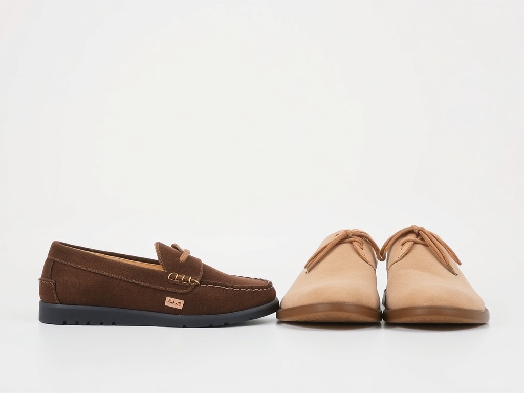 two pairs of simple comfortable shoes neatly placed, neutral tones, minimal background